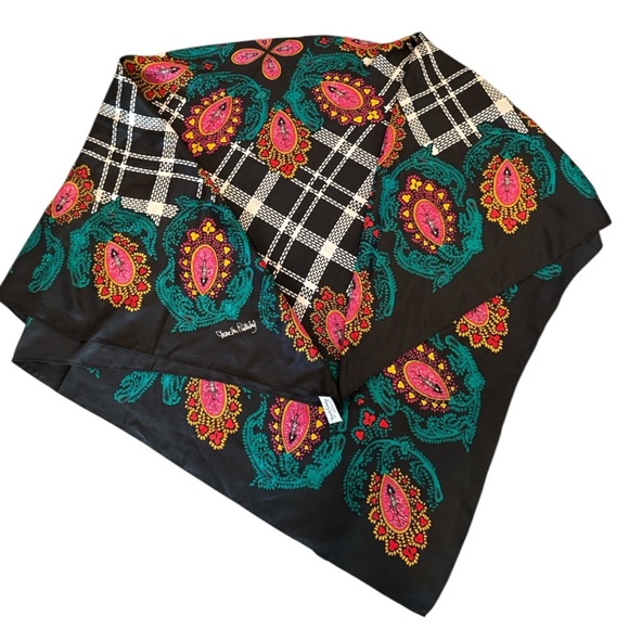 Diane Von Furstenberg Colorful Black Multi Paisley and Plaid Square Silk Scarf - Picture 8 of 15